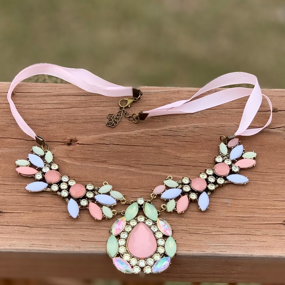 Pink Green White Jeweled Teardrop Necklace - Picture 3 of 8